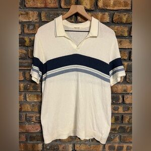 Marine Layer Polo Shirt Mens Size Large Cream Blue Striped Short Sleeve Preppy